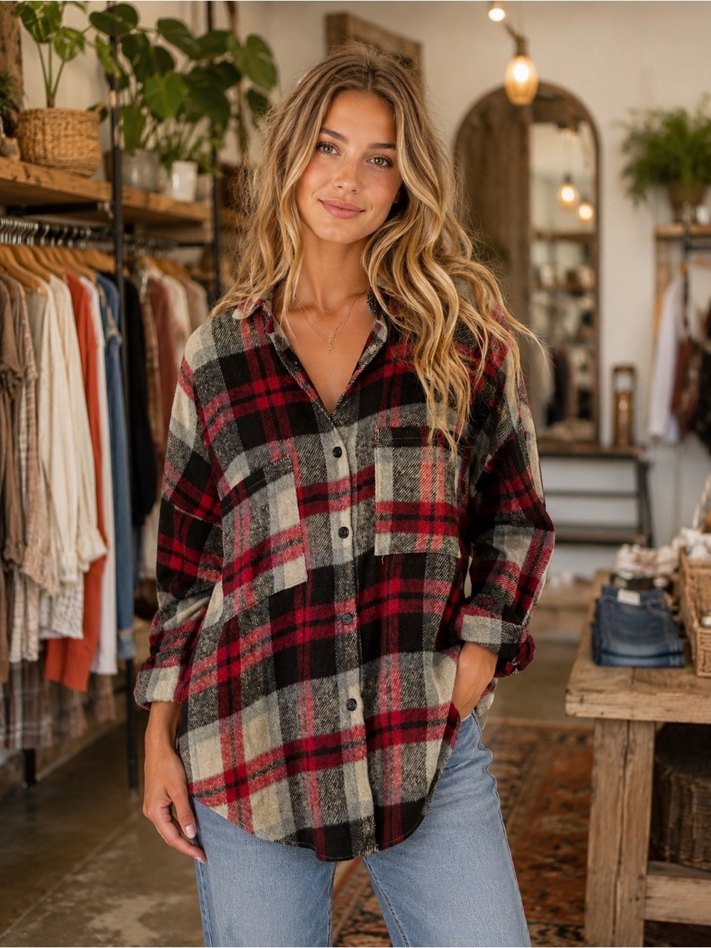 🍂DAVI & DANI Cozy Vintage Plaid Oversized Button Up Fall Flannel Jacket - Small